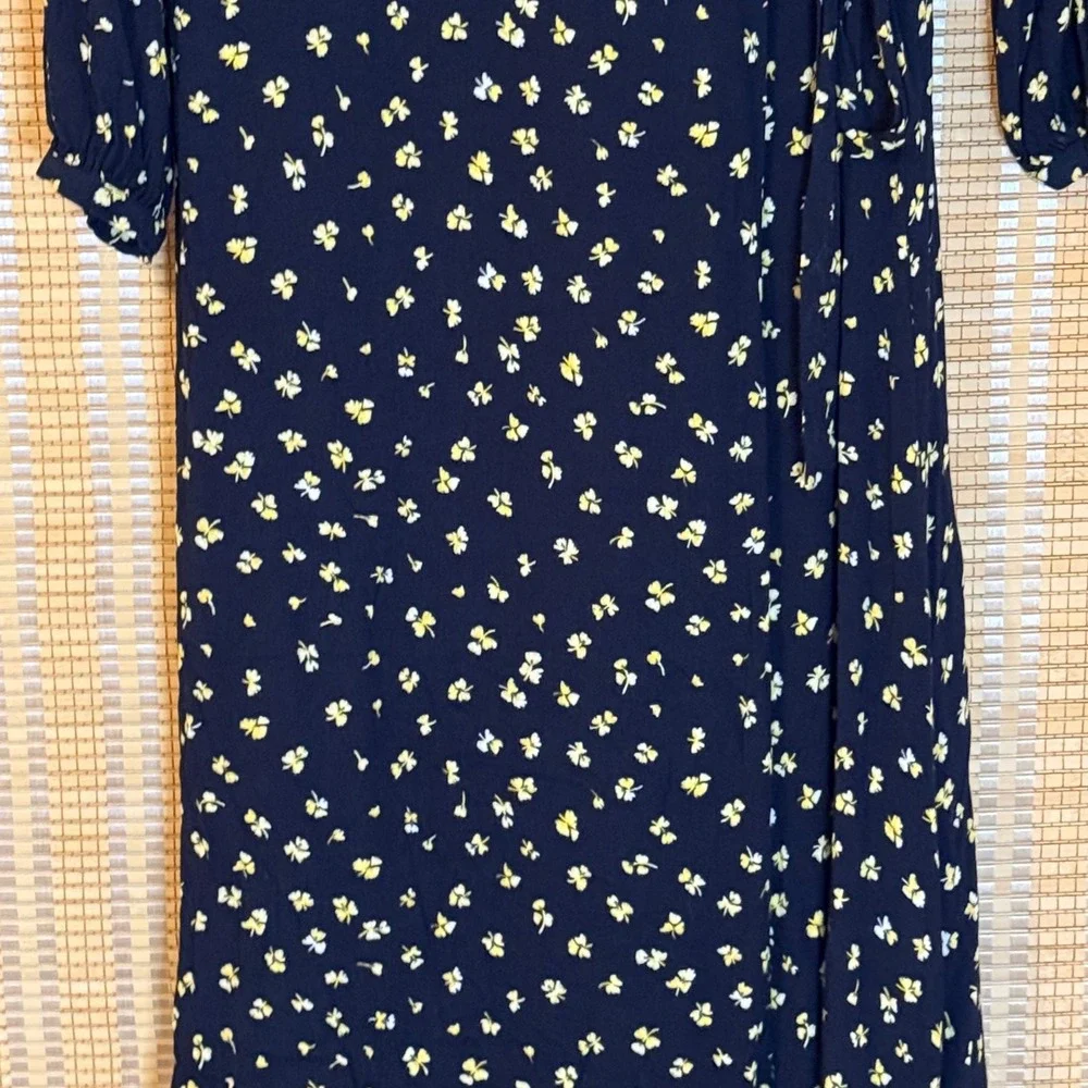 HM Navy Blue Floral Long Sleeve Wrap Midi Dress Womens Size 8 V-Neck Yellow - Picture 3 of 9